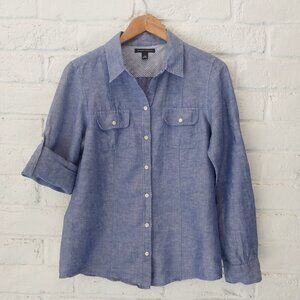 Banana Republic Button Shirt Womens 12 L Blue Linen Blend Roll Tab Long Sleeve.
